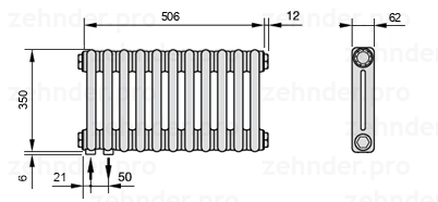 Схема (чертеж) Радиатор Zehnder Charleston 2035/11 №3370 Белый глянцевый RAL 9016